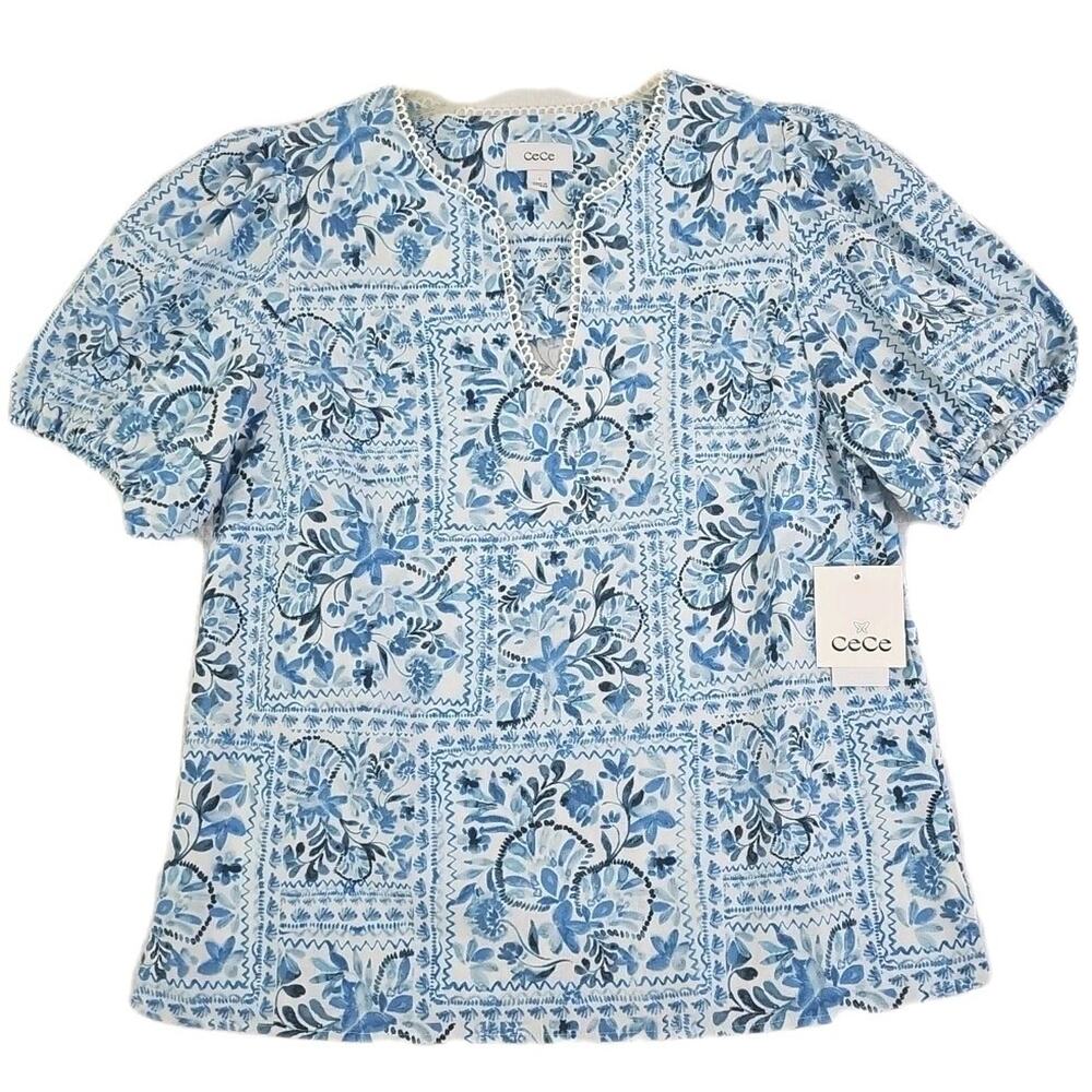 CeCe ~Woman Size S~ White/Blue Floral Pull-On Linen Blend Summer Shirt NWT$69.00